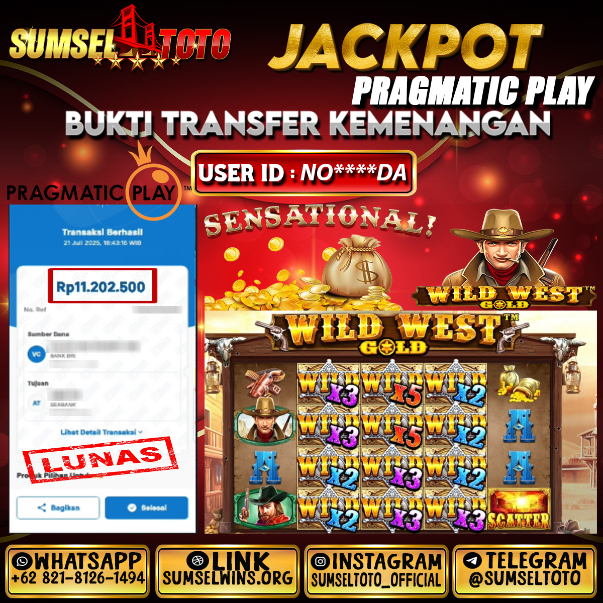 SUMSELTOTO JACKPOT WILD WEST GOLD MEGAWAYS  Rp.11,200,000.,- LUNAS